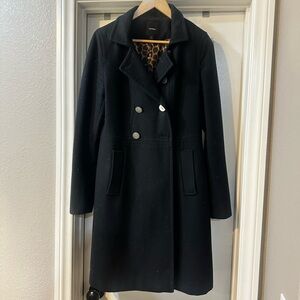 Express Black Double-Breasted Wool Pea Coat with Leopard Lining
